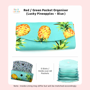 Handsewn Red/Green Packet Organiser - Lucky Pineapples (Blue)