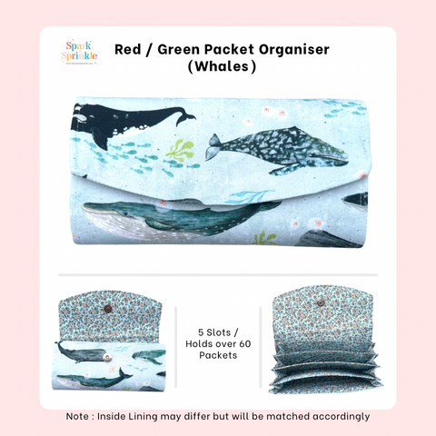 Handsewn Red/Green Packet Organiser - Whales