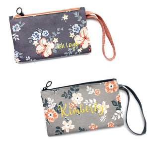 Zipped pouch - Light grey floral (strap)