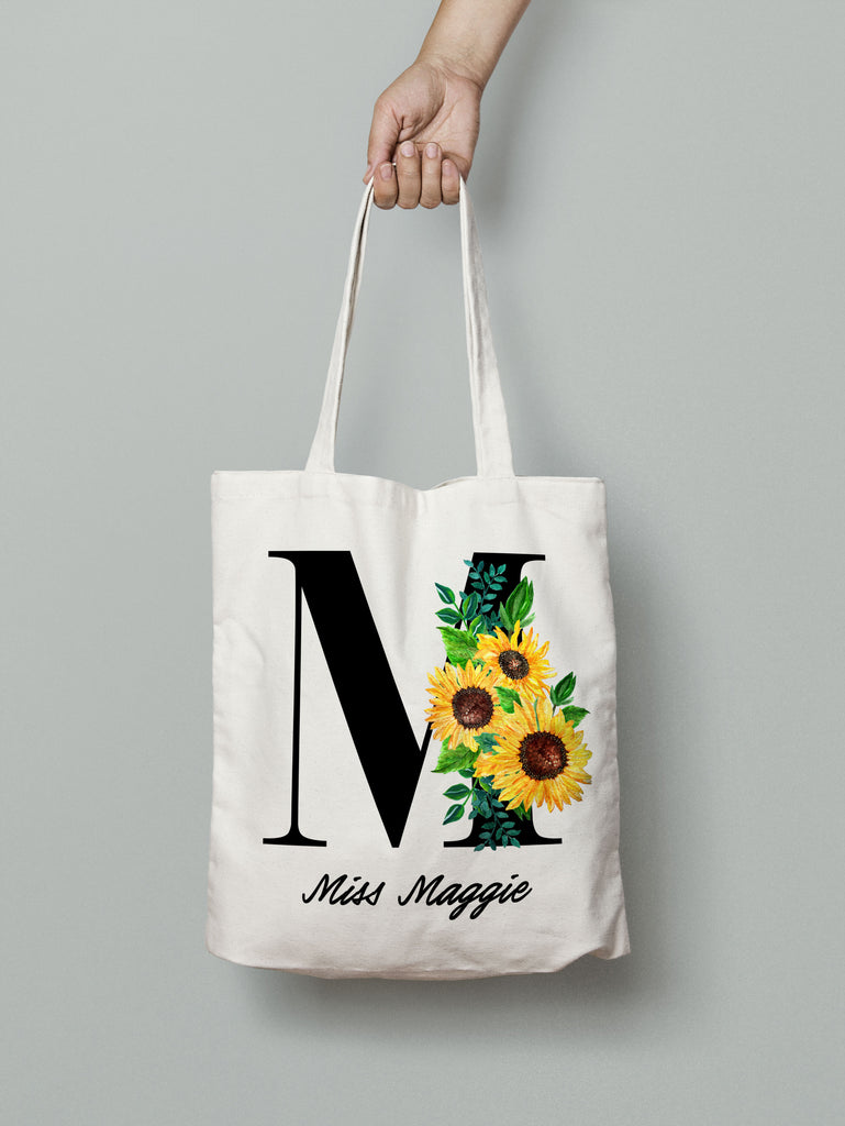 MO15: Tote Bag - Black Letters Sunflowers Monogram