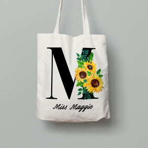 MO15: Tote Bag - Black Letters Sunflowers Monogram
