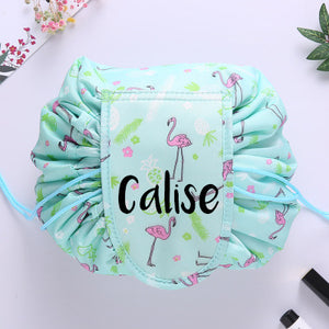 Personalised Drawstring Make Up Pouch (Green Flamingo)