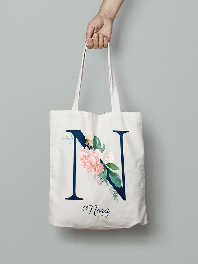 MO7: Tote Bag - Navy Blue Peony Flower Monogram