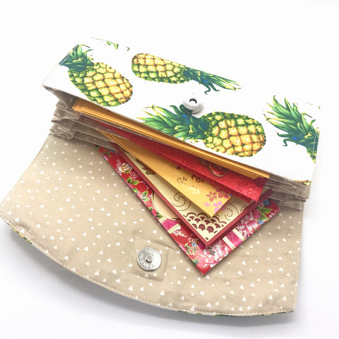 Handsewn Red/Green Packet Organiser - Lucky Pineapples (White)
