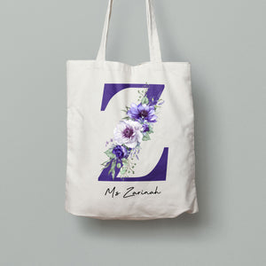 MO4: Tote Bag - Purple Peonies Flower Monogram