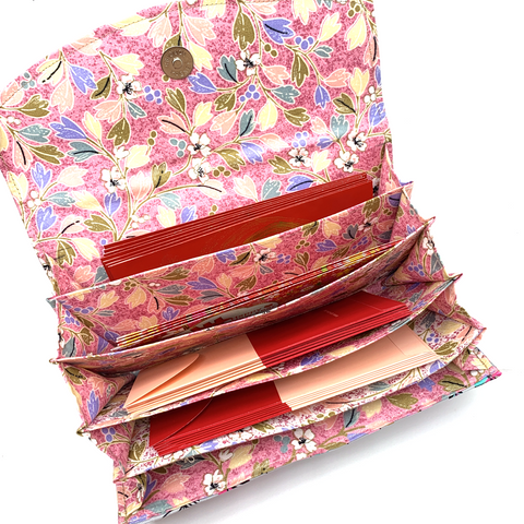 Handsewn Red/Green Packet Organiser - Pink Feathers