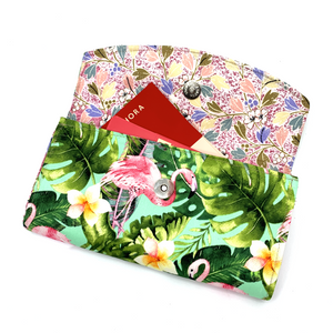 Handsewn Red/Green Packet Organiser - Flamingoes in Paradise